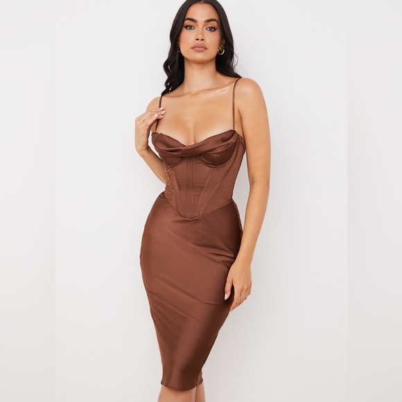 House of cb Myrna Chocolate Satin Slip Dress - Picture 2 of 9